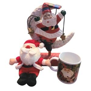 Merry Christmas Vintage Set Santa Plushie Wooden Holiday Decor‎ Coffee Mug Cup